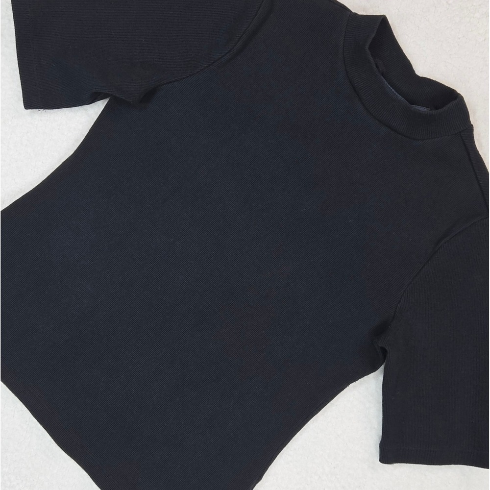 Maeve by Anthropologie Mock Neck Ribbed Top M Black Short Sleeve‎ Quiet Luxury